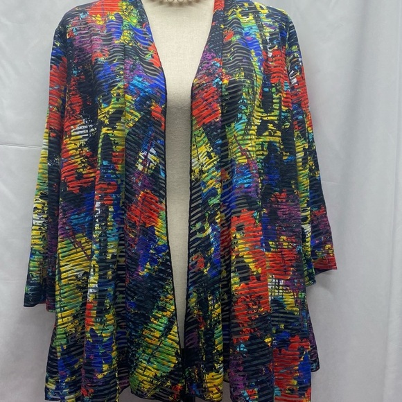 Ali Miles Multicolor Abstract Cardigan M 3/4 SL Open ARTSY TEACHER - Picture 1 of 11